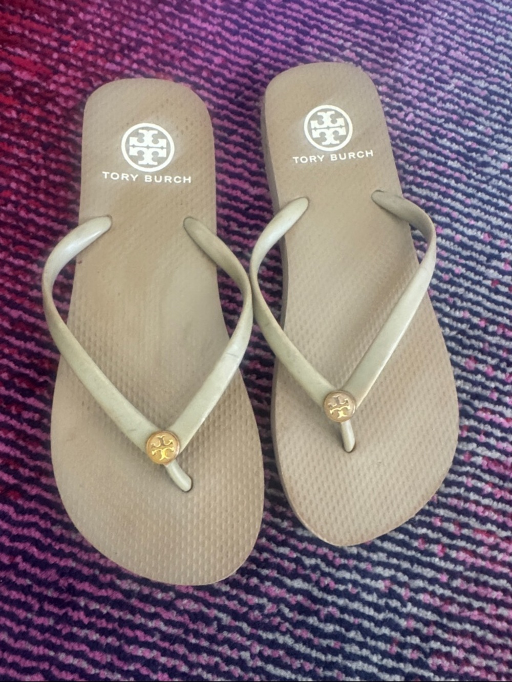 Tory Burch Beige Flip Flop Sandals with Gold Logo